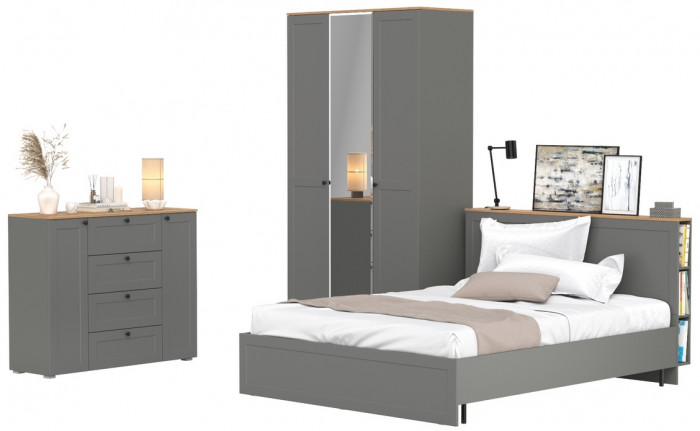 Остин 11.53 Кровать + ортопед + 13.336.03 Шкаф для одежды + 16.221 Комод, серый графит/дуб крафт золотой
