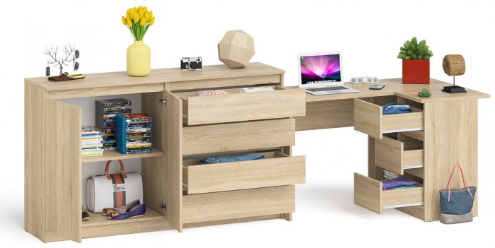 Мори Стол компьютерный МС-16 правый + Комод МК1600.1, цвет дуб сонома, ШхГхВ 284,8х84,9х94 см., выдвижные ящики справа, НЕ универсальная сборка