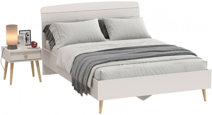 Афина Спальня Кровать 1400 + Тумба прикроватная, цвет кашемир серый, ШхГхВ 144,6х210,2х95,7 + 45х37х45 см., сп.м. 1400х2000 мм., б/м, основание есть