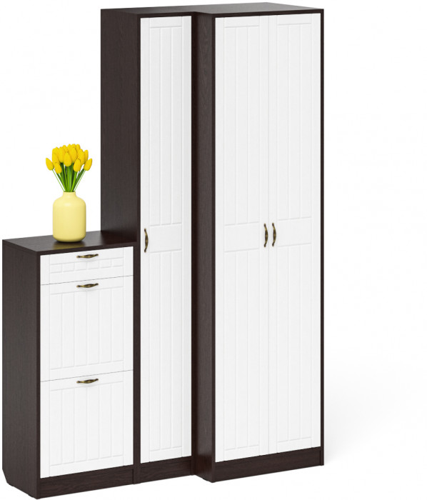 Прихожая П-6 Компоновка № 28, цвет венге/фасады МДФ белое дерево фрезеровка прованс, ШхГхВ 140х50х210 см., универсальная сборка