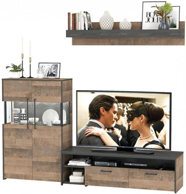 Трувор 13.70 Тумба под ТВ + 13.306 Комод с витриной + 15.60 Полка, цвет дуб гранж песочный/интра, ШхГхВ 235,6х45,4х195 см., универсальная сборка