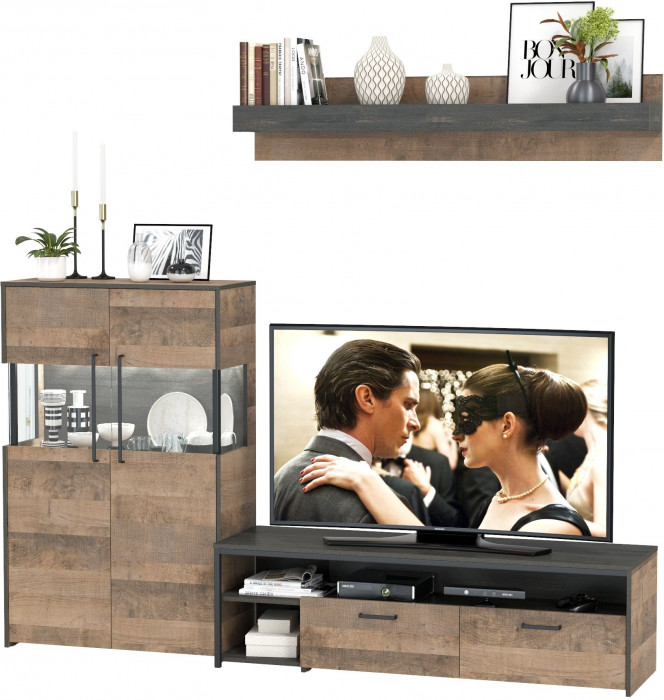 Трувор 13.70 Тумба под ТВ + 13.306 Комод с витриной + 15.60 Полка, цвет дуб гранж песочный/интра, ШхГхВ 235,6х45,4х195 см., универсальная сборка