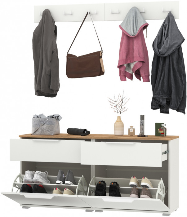 Октава Прихожая 05, цвет белый шагрень/дуб крафт золотой/фасады МДФ белый шагрень, ШхГхВ 129,8х35,4х180 см.