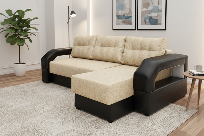 Угловой диван-еврокнижка Манчестер 150х200, с подсветкой, рогожка/экокожа бежевый