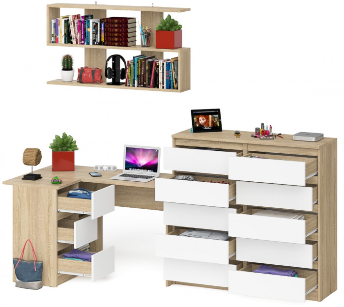 Мори компьютерный стол МС-16 левый + Комод МК1200.10 + Полка 1200, дуб сонома/белый