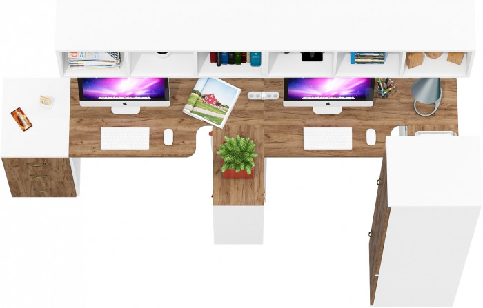 Лидер-8 Стол + Полка + Стол + Полка + Пенал МД 23Б + Тумба МД 3.16, цвет белый шагрень/крафт золото, 410х50х75/190 или 270х120/50х75/190, НЕ ун. сб.