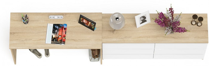 Мори Стол письменный МСП1200.1 + Комод МК1380.6, цвет дуб сонома/белый, ШхГхВ 258,4х50х76,6 см., универсальная сборка