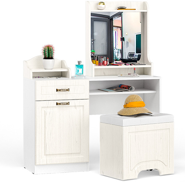 Ливерпуль Стол туалетный 12.46 + Полка 10.118 + Полка 10.117 + Пуф 14.02, ясень ваниль/белый