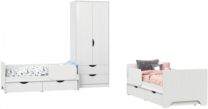 КР100 Уна 11.22 Две кровати с ящиками + 13.327 Шкаф для одежды, цвет белый(структура Поры дерева), сп. м. 2х800х1600 мм., б/м, основание есть