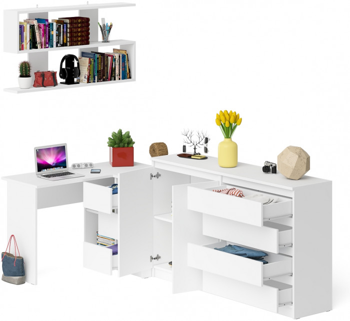 Мори компьютерный стол МС-16 правый + Комод МК1600.1 + Полка 1200, белый