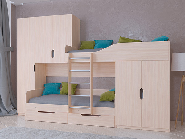 Кровать двухъярусная Лео Дуб молочный полностью