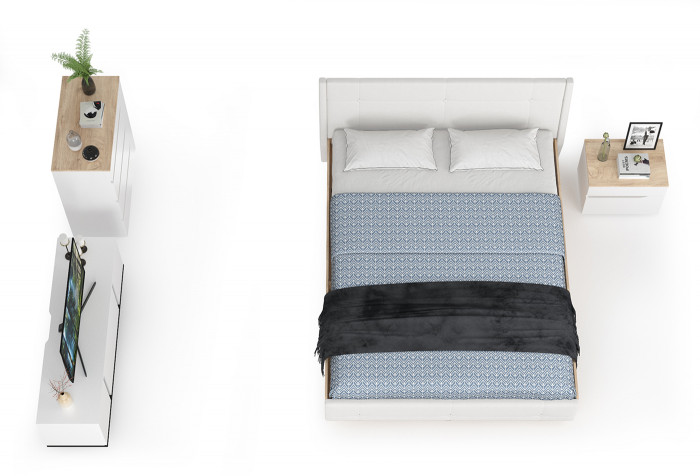 Муссон Кровать 11.28 + под. ортопед + Тумба 16.03 + Комод 13.97 + Тумба ТВ 13.276, белый/чёрный/дуб эндгрейн элегантный/кожзам белый, 1600х2000, б/м