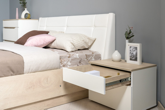 Муссон Кровать 11.28 + под. ортопед + Тумба 16.03 + Комод 13.97 + Тумба ТВ 13.276, белый/чёрный/дуб эндгрейн элегантный/кожзам белый, 1600х2000, б/м