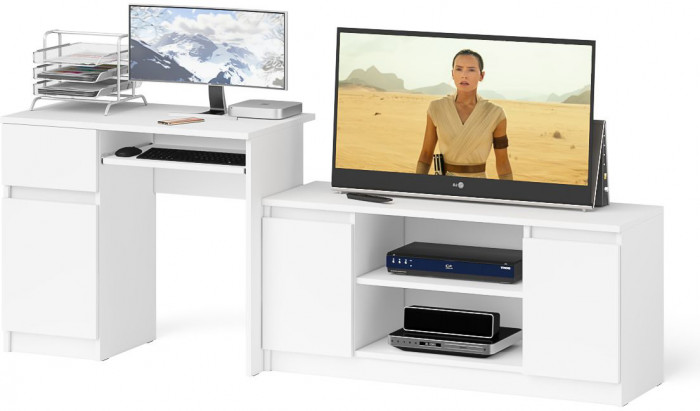 Мори компьютерный стол МС-1 левый + Тумба МТВ1200.1, белый