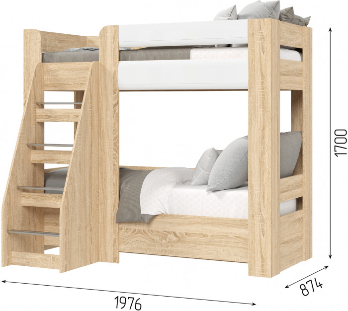 ЛИБЕРТИ КР 04 Кровать 2-х ярусная (1976х1700х1358) Фасад МДФ БЕЛЫЙ ГЛЯНЕЦ/Корпус ДУБ СОНОМА