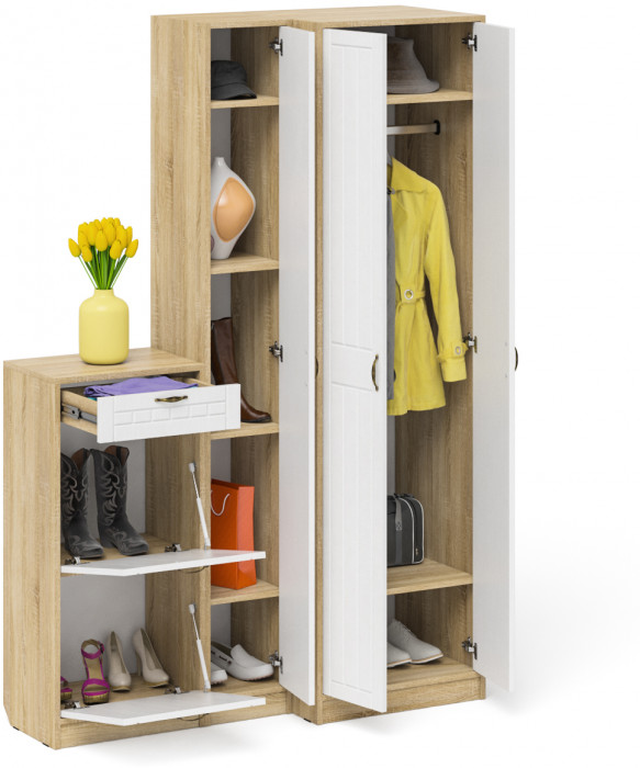 Прихожая П-6 Компоновка № 28, цвет дуб сонома/фасады МДФ белое дерево фрезеровка прованс, ШхГхВ 140х50х210 см., универсальная сборка