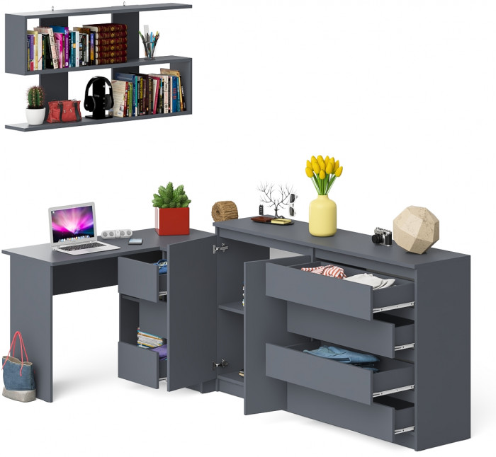 Мори компьютерный стол МС-16 правый + Комод МК1600.1 + Полка 1200, графит