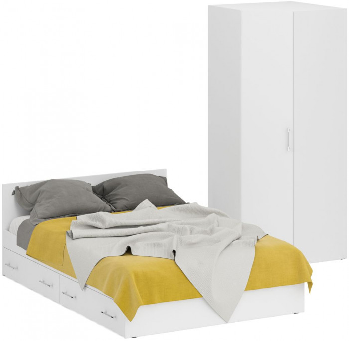Кровать с ящиками 1400 + Шкаф угловой Стандарт, цвет белый, ШхГхВ 143,5х203,5х70 + 81,2х81,2х200 см., сп.м. 1400х2000 мм., без матраса, основание есть