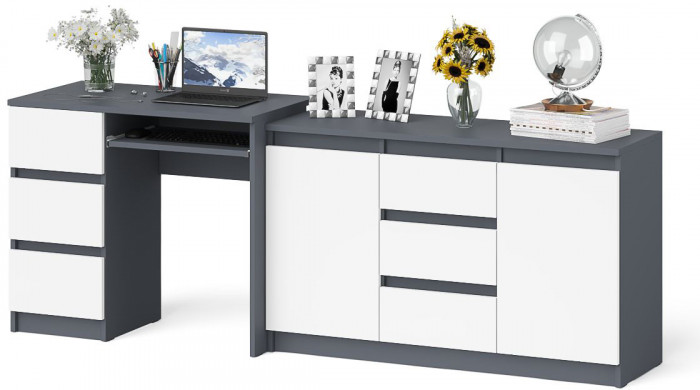 Мори Стол компьютерный МС-6 левый + Комод МК1200.3, цвет графит/белый, ШхГхВ 210,4х50х76,6 см., выдвижные ящики слева, НЕ универсальная сборка