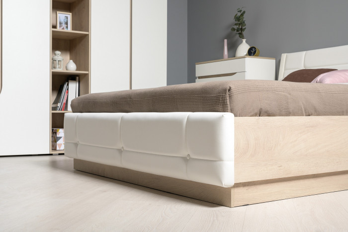 Муссон Кровать 11.28 + подъёмный ортопед + 2 х Тумба 16.03, цвет белый/дуб эндгрейн элегантный/кожзам белый/, сп. м. 1600х2000 мм., б/м