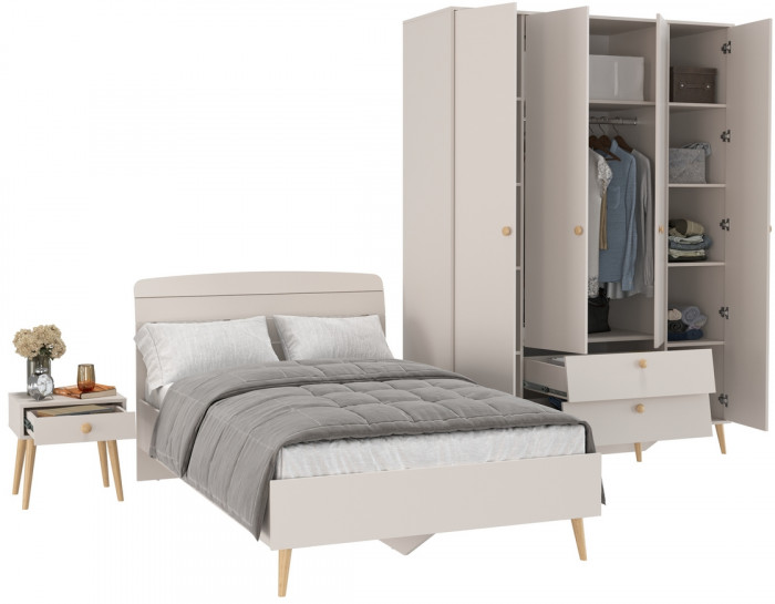 Афина Спальня Кровать 1200 + Шкаф 4-х дверный + Тумба, кашемир серый