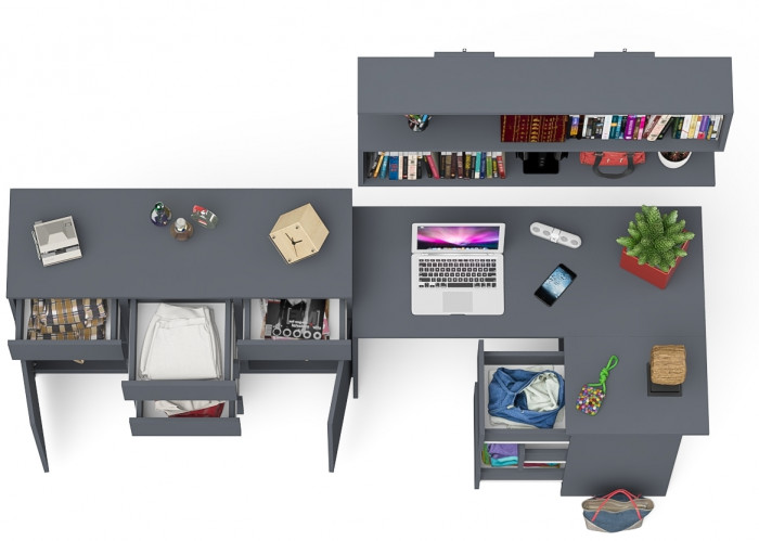 Мори компьютерный стол МС-16 правый + Комод МК1200.4 + Полка 1200, графит